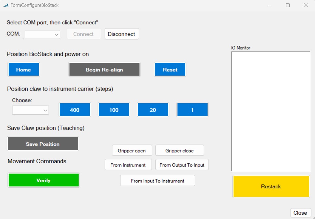 Blue®Flow BioStack configuration screen: COM port connection, homing and re-align controls, claw teaching steps, and movement commands including From Instrument, From Output To Input, From Input To Instrument and Restack