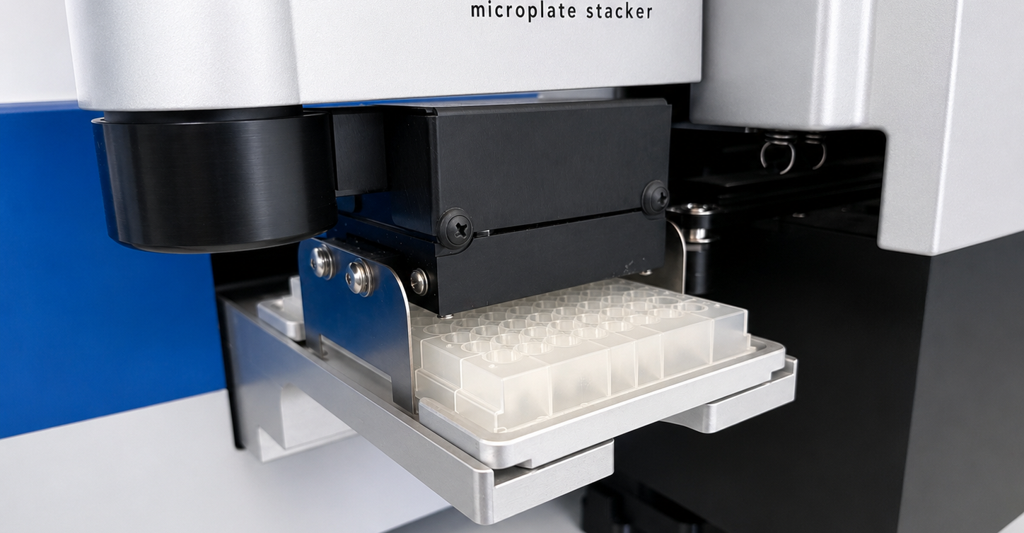 The BioStack gripper setting a 96-well plate onto the Blue®Washer carrier